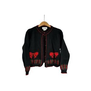 Austin Hill 100% Wool Button Front Cardigan Black Red Holiday Bows Sweater M